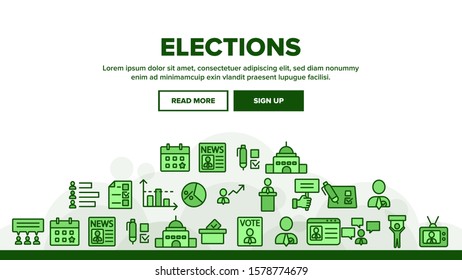 Elections Landing Web Page Header Banner Template Vector. Candidate And President, Newspaper And Tablet, Building And Elections Graph Illustration
