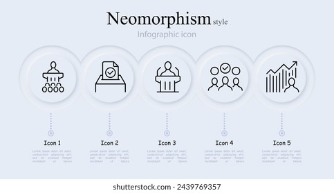 Elections line icon set. Pedestal, public speaking, bulletin, debate, rise in popularity. Neomorphism style. Vector line icon for Business