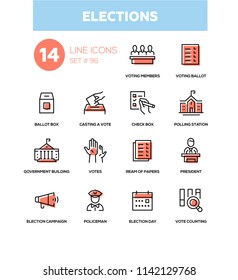 Elections - modern line design icons set. Voting members, ballot, check box, casting a vote, polling station, government building, ream of papers, president, campaign, policeman, day, counting