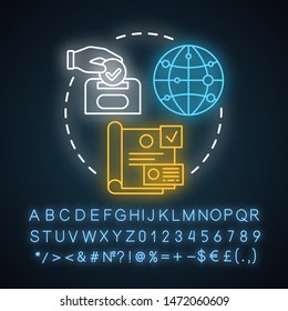 Elections neon light concept icon. Voting, choosing from political candidates, parties. General election idea. Glowing sign with alphabet, numbers and symbols. Vector isolated illustration