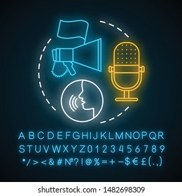 Elections neon light concept icon. Propaganda. Freedom of speech idea. Expressing opinions, thoughts freely. Glowing sign with alphabet, numbers and symbols. Vector isolated illustration