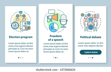 Elections onboarding mobile app page screen with linear concepts. Election program, political debate. Three walkthrough steps graphic instructions. UX, UI, GUI vector template with illustrations