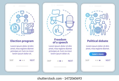 Elections onboarding mobile app page screen vector template. Election program, political debate. Walkthrough website steps with linear illustrations. UX, UI, GUI smartphone interface concept