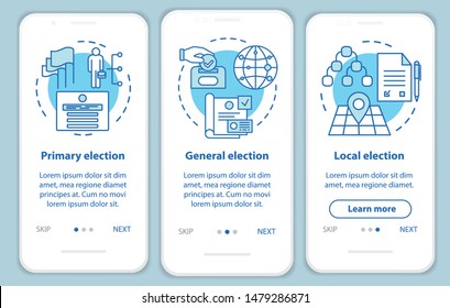 Elections onboarding mobile app page screen with linear concepts. Electing local, general political figures. Three walkthrough steps graphic instructions. UX, UI, GUI vector template with illustration