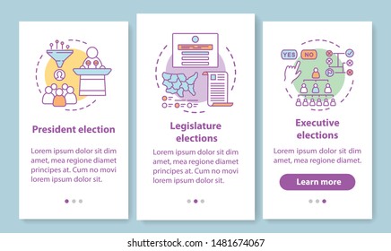 Elections onboarding mobile app page screen with linear concept. President, legislature, executive election. Three walkthrough steps graphic instructions. UX, UI, GUI vector template with illustration
