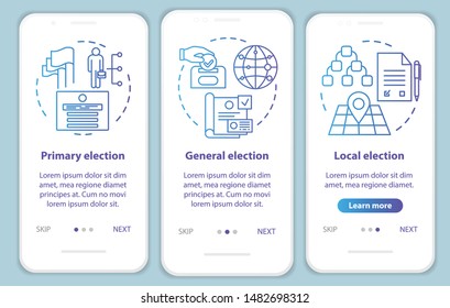 Elections onboarding mobile app page screen vector template. Electing local, general political figures. Walkthrough website steps with linear illustrations. UX, UI, GUI smartphone interface concept
