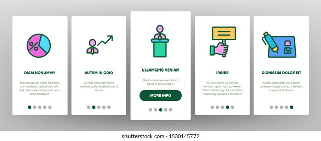 Elections Onboarding Mobile App Page Screen Vector Icons Set Thin Line. Candidate And President, Newspaper And Tablet, Building And Elections Graph Concept Linear Pictograms. Contour Illustrations