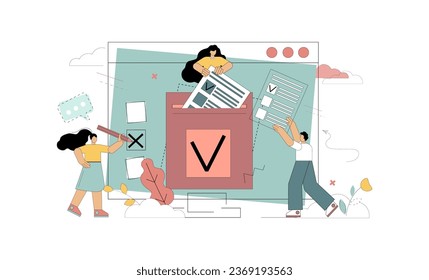 Elections. Online voting. People throw ballots into the ballot box. Vector flat illustration on white background