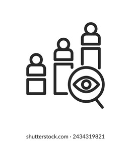 Elections Results Icon with Magnifying Glass. Voter Turnout Analysis and Poll Monitoring Vector. Thin Line Sign of Electoral Processes and Analytics.