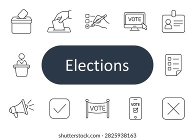 Elections set icon. Ballot box, voting hand, checklist, online polling, identification badge, speaker podium, candidate form, megaphone, approval mark, campaign banner, mobile voting