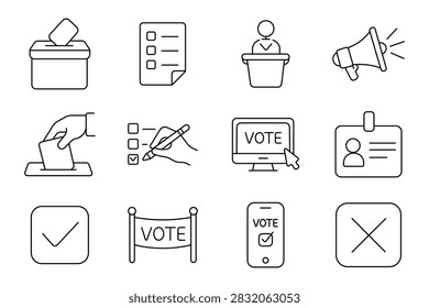 Elections set icon. Ballot box, checklist, speaker podium, megaphone, voting process, marked paper, electronic polling, identification badge, approval symbol, campaign banner, mobile participation