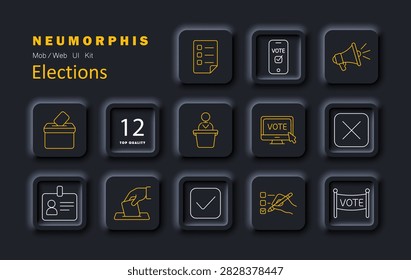 Elections set icon. Ballot container, checklist document, mobile voting, campaign announcement, speaker podium, electronic polling, rejection option, identification badge