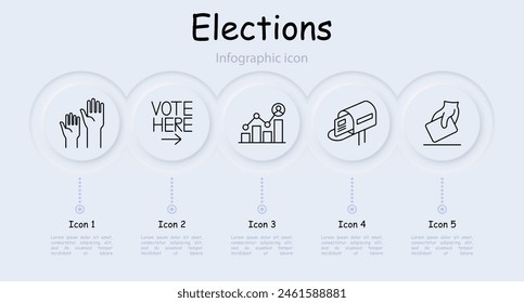 Elections set icon. Candidate, voter, Bible, people rights, mail, vote here, rating, statistics, ballot, constitution, infographic, neomorphism, opinions battle. Voting concept.