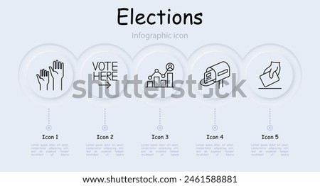 Elections set icon. Candidate, voter, Bible, people rights, mail, vote here, rating, statistics, ballot, constitution, infographic, neomorphism, opinions battle. Voting concept.