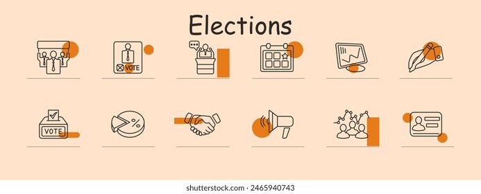 Elections set icon. Candidate, voting box, podium, calendar, results chart, ballot paper, campaign megaphone, voter ID. Political, elections, democracy, voting.