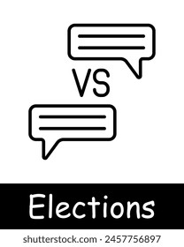 Icono de elecciones. Disputa, discusión, voto, Asistencia de candidatos, silueta, derechos de las personas, estadísticas, boleta, líneas negras sobre fondo blanco, batalla de opiniones. Concepto de votación.