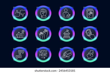 Elections set icon. Fist, candidate, silhouette, textbook, people s rights, telephone, government building, rating, statistics, ballot, thumbs, glassmorphism, mail, opinions battle. Voting concept.