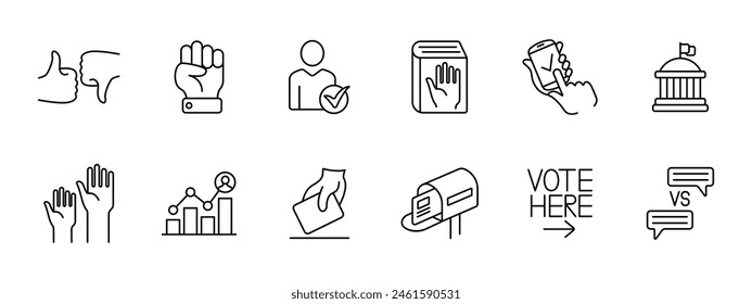 Symbol "Wahlen festlegen". Faust, Kandidat, Wähler, Bibel, Volksrechte, Telefon, Regierungsgebäude, Bewertung, Statistik, Stimmzettel, Daumen, Verfassung, elektronische Abstimmung, Meinungskampf. Abstimmungskonzept.