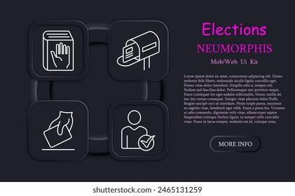 Elections set icon. Hand, candidate, voter, Bible, people rights, check, government building, rating, statistics, ballot, constitution, neomorphism, opinions battle. Voting concept.