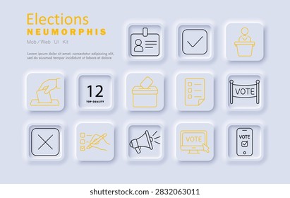 Elections set icon. Identification badge, approval mark, candidate podium, ballot submission, voting box, checklist form, campaign banner, rejection symbol, polling survey, public announcement