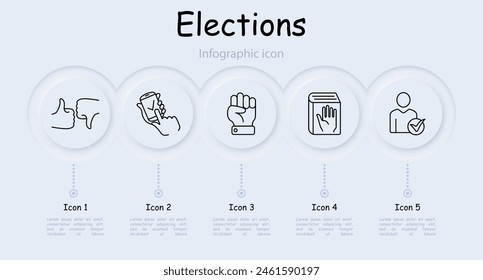 Symbol "Wahlen festlegen". Infografik, Kandidat, Wähler, Bibel, Rechte der Menschen, Telefon, Bewertung, Statistik, Stimmzettel, Faust, Verfassung, elektronische Abstimmung, Meinungskampf. Abstimmungskonzept.