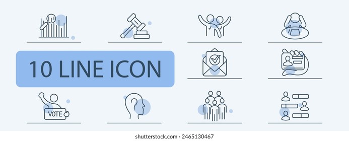 Elections set icon. Magnifying glass, statistics, vote for candidate, sign, reflection, communication, discussion, ID card, envelope, letter, voter, group of people, ballot. Voting concept.