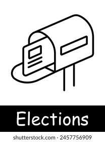 Elections set icon. Mailbox, letter, silhouette, textbook, people rights, statistics, ballot, black lines on white background, mail, battle of opinions. Voting concept.