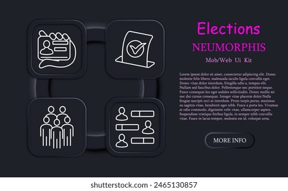 Elections set icon. Neomorphism, statistics, vote for candidate, sign, reflection, communication, discussion, ID card, chat, voter, group of people, ballot, people opinion, passport. Voting concept.