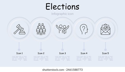 Elections set icon. Statistics, vote for candidate, sign, reflection, communication, discussion, infographic, neomorphism, envelope, letter, voter, group of people, ballot. Voting concept.