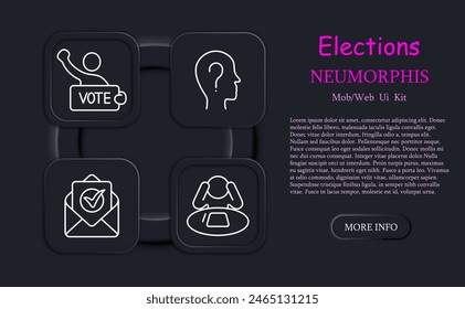 Elections set icon. Statistics, vote for candidate, sign, neomorphism, communication, discussion, ID card, envelope, letter, voter, group of people, ballot. Voting concept.