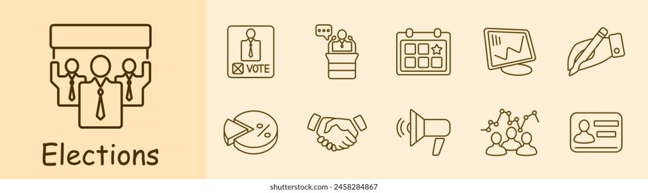 Elections set icon. Vote, candidate, speech, calendar, voting, percentage, diagram, statistics, pencil, hand, record, handshake, loudspeaker, people s opinion, passport. Electoral campaign concept.