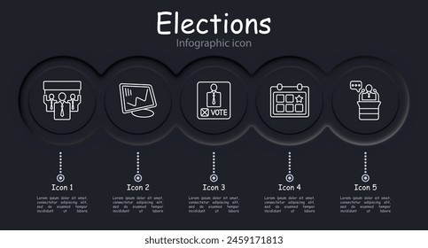 Elections set icon. Vote, candidate, speech, calendar, voting, percentage, diagram, statistics, infographic, neomorphism, people's opinion, passport. Electoral campaign concept.