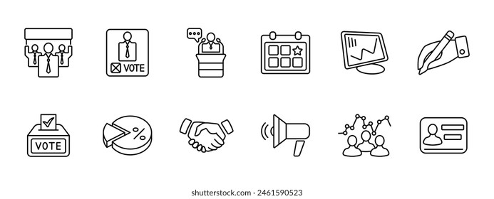 Elections set icon. Vote, candidate, speech, calendar, voting, percentage, diagram, statistics, pencil, hand, record, handshake, loudspeaker, people opinion, passport. Electoral campaign concept.