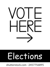 Elections set icon. Vote here, arrow, vote, candidate support, silhouette, people rights, statistics, ballot, black lines on white background, battle of opinions. Voting concept.