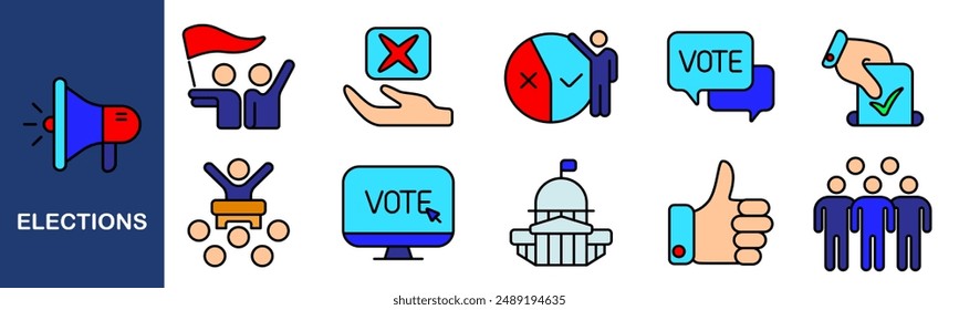 Elections set icon. Voting, candidates, campaign, ballot, online voting, election results, democracy, government, thumbs up, voters, civic engagement, politics, decision-making.