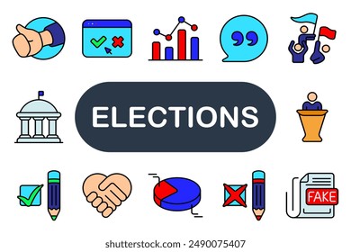 Elections set icon. Voting, chart, graph, speech bubble, rally, capitol, handshake, pencil, pie chart, cross mark, fake news, online voting.