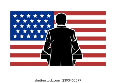 Elections in the United States of America, figure of the future president behind the podium against the background of the American flag.