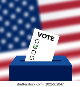 Elections To US Senate In 2018, Preparation Of Vote Against The Background Of A Blurred American Flag. Box For Ballot In Election. Electoral Bulletin With A Green Check Mark. Template For US Elections