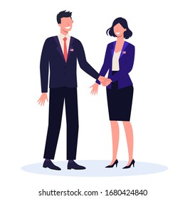 Elections in USA concept. Primaries and caucuses. Idea of politics and american government. Two candidate shaking hands. Democracy and government. Vector illustration