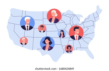 Concepto de elecciones en Estados Unidos. Primarios y grupos. Idea de política y gobierno americano. La gente vota por el candidato. Democracia y gobierno. Ilustración del vector