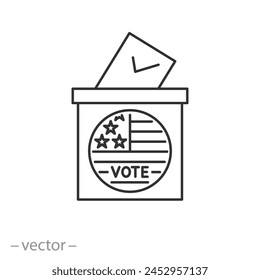 ícono de elecciones en estados unidos, urna, boleta de votación, elecciones presidenciales estadounidenses, Ilustración vectorial de línea delgada