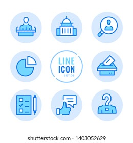 Elections Vector Line Icons Set. Voting, Ballot Box, Exit Poll, Debates, Political Campaign Outline Symbols. Modern Simple Stroke Graphic Elements. Round Icons