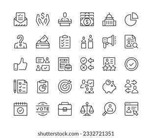 Elections. Vector line icons set. Political debates, politics, ballot box, voting concepts. Black outline stroke symbols