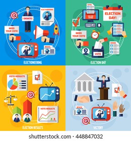 Elections and voting 2x2 design concept set of media discussion vote results and winning candidate flat compositions vector illustration 