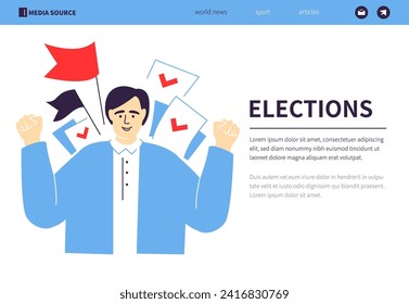 Elections and voting - colorful flat design style banner with linear elements. Composition with satisfied candidate who receives the most votes in his support. Ticks for. Democracy idea