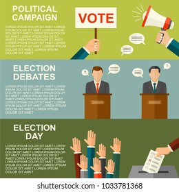 Elections And Voting Concept Vector Flat Style Background. Illustration For Different Political Campaign Flyer, Leaflets And Websites.