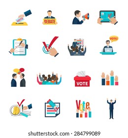  Elections with voting debates and agitation icons set flat isolated vector illustration 