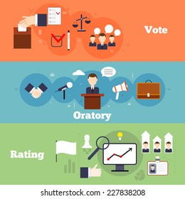 Elections and voting flat banner set with oratory rating isolate vector illustration