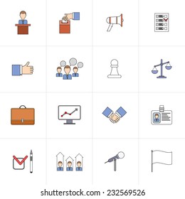 Elections and voting flat line icons set with thumbs up strategy results isolated vector illustration