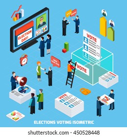 Elections and voting isometric design composition with people busy in tv advertising of election day debates and voter counting flat vector illustration  